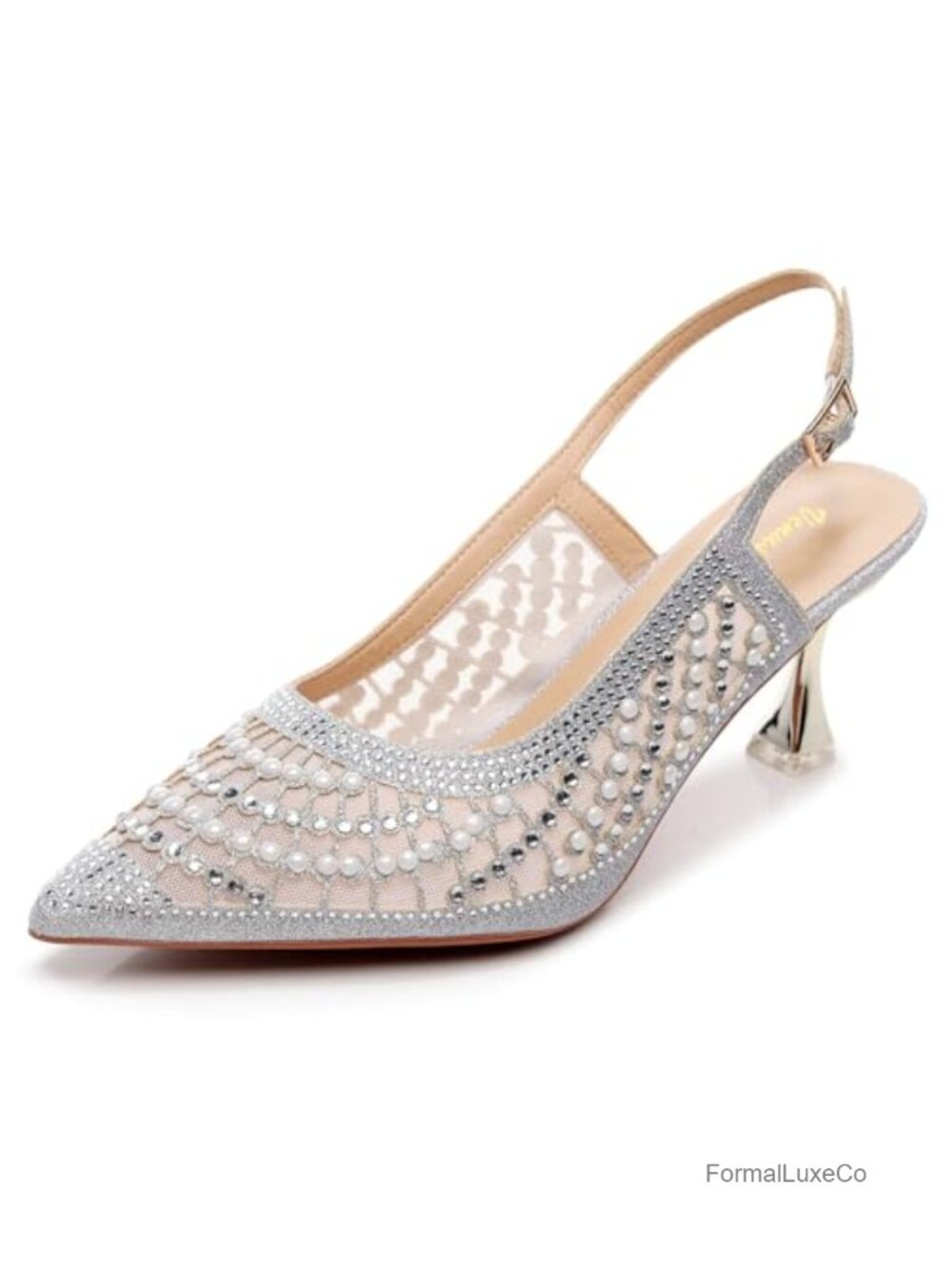 Slingback Kitten Heel Pointed Toe PU Pumps with Metal Ornament
